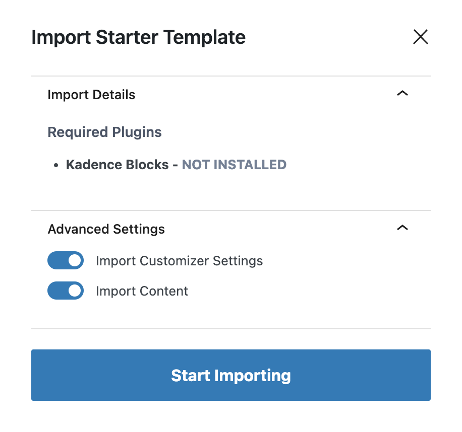 Kadence Starter Templates Start Blogging Themes Import Starter Template Modal With Options
