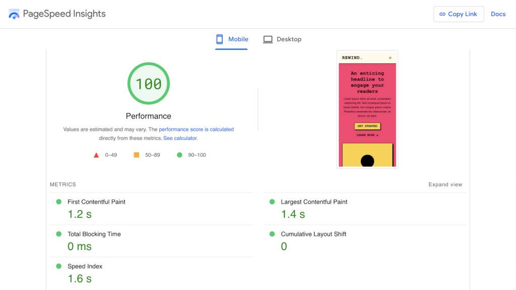Rewind Kadence Theme 100 Performance Google PageSpeed Insights